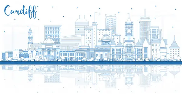 Outline Cardiff Wales City Skyline Blue Buildings Reflections Vector Illustration — Stock Vector