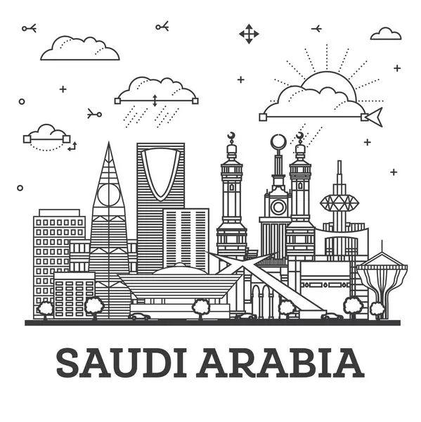 Outline Saudi Arabia City Skyline Historic Modern Buildings Isolated White — Stock Vector