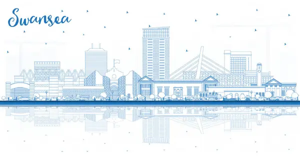 Outline Swansea Wales City Skyline Blue Buildings Reflections Vector Illustration — Stock Vector
