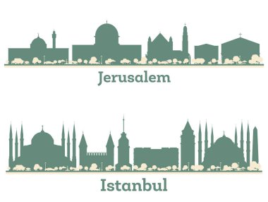 Soyut İstanbul Türkiye ve Kudüs İsrail Şehri Gökdeleni Renkli Binalarla çevrili. İllüzyon. Modern Mimariyle İş Seyahati ve Turizm Konsepti.
