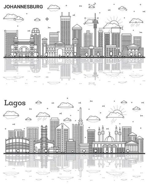 Outline Lagos Nigeria and Johannesburg South Africa City Skyline set with Modern Buildings and Reflections Isolated on White. Illustration. Cityscape with Landmarks.