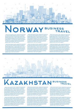 Ana hatlarıyla Kazakistan ve Norveç şehir silueti mavi binalar ve kopyalama alanlarıyla kurulmuştur. İllüzyon. Tarihi ve modern mimari kavramı. Şehir simgeleriyle dolu. Oslo. Stavanger. Trondheim.