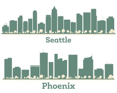 Soyut Phoenix ve Seattle City Skyline, Color Buildings ile ayarlandı. İllüzyon. Modern Binalarla İş Seyahati ve Turizm Konsepti.
