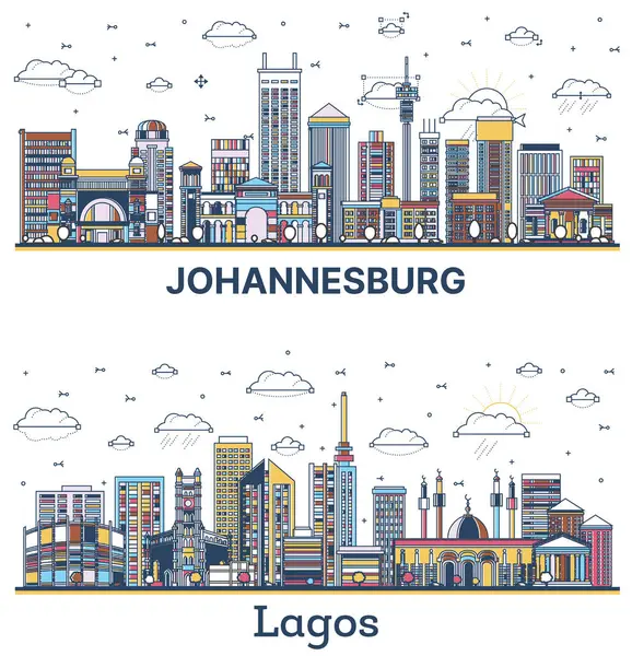 Outline Lagos Nigeria and Johannesburg South Africa City Skyline set with Colored Modern and Historic Buildings Isolated on White. Illustration. Cityscape with Landmarks.