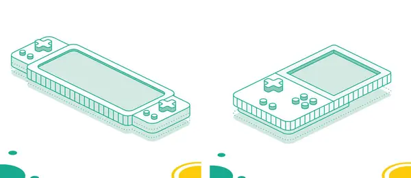 Isometric portable handheld retro gaming console set. Outline concept. Illustration. Object isolated on white background.