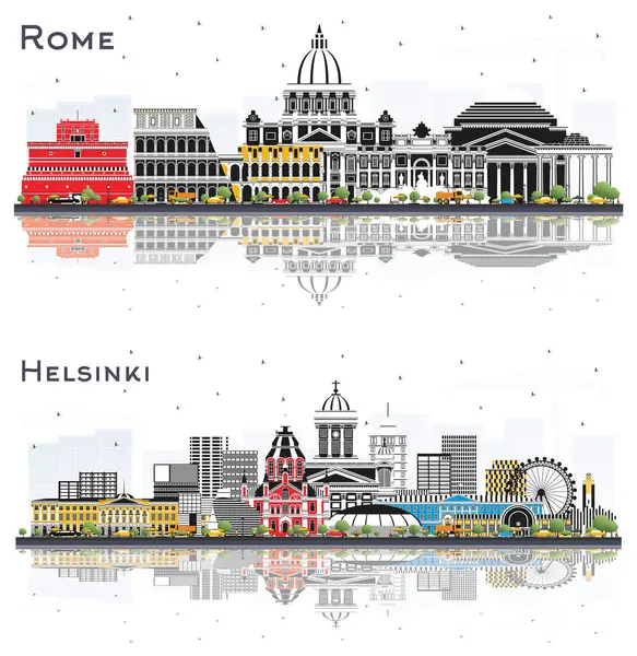ヘルシンキフィンランドとローマイタリアの都市スカイラインは 色の建物と白で隔離された反射を設定しています 歴史的建築によるビジネス旅行コンセプト ランドマーク付きのシティスケープ — ストック写真