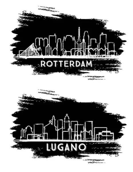 ルガーノ スイスとロッテルダム オランダ シティ スカイライン シルエットセット 手描きのスケッチ モダンアーキテクチャによるビジネス旅行と観光コンセプト — ストック写真