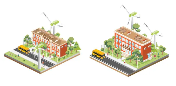 Isometric School Building Set with Solar Panels and Wind Turbine Isolated on White Background. Illustration. Trees and Road. Man Goes to the School. Ecology Concept. Yellow bus.