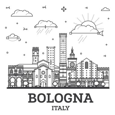 Bologna 'nın ana hatlarıyla İtalya' nın Skyline şehrinin tarihi binaları beyazlar üzerinde izole edilmiştir. Vektör İllüstrasyonu. Tarihi Simgeli Bologna Şehri.