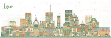 Lviv Ukrayna City Skyline ve Renkli Binalar. Vektör İllüstrasyonu. Landmark 'lı Lviv City manzarası. Tarihi Mimariyle İş Seyahati ve Turizm Konsepti.