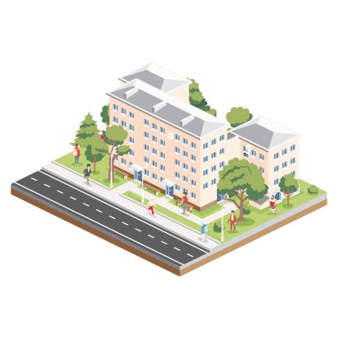 İçinde insanlar, yollar ve ağaçlar olan beş katlı Isometric bir bina. Simge ya da bilgi ögesi. Vektör çizimi. Şehir merkezi. Beyaz arka planda izole edilmiş mimari sembol. 3B nesne.