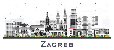 Zagreb 'in renkli binaları beyaza izole edilmiş Skyline kenti. Vektör İllüstrasyonu. Zagreb Şehri 'nde tarihi yerler var. Tarihi Mimariyle İş Seyahati ve Turizm Konsepti.