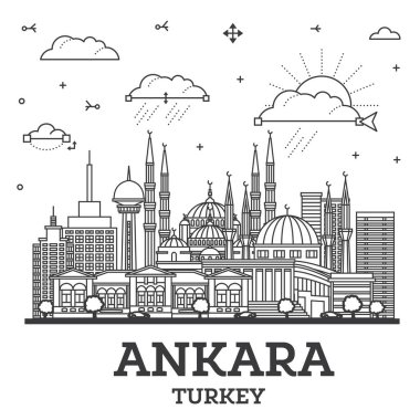 Ankara 'nın ana hatlarına göre Türkiye' de beyaza izole edilmiş tarihi binalar var. Vektör İllüstrasyonu. Ankara Kent Simgeleriyle.