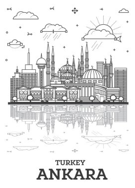Ankara 'nın ana hatları, Türkiye' nin Beyaz Üzerine İzole Edilen Tarihi Binalar ve Yansımalarla Gökdelen Kenti. Vektör İllüstrasyonu. Ankara Kent Simgeleriyle.