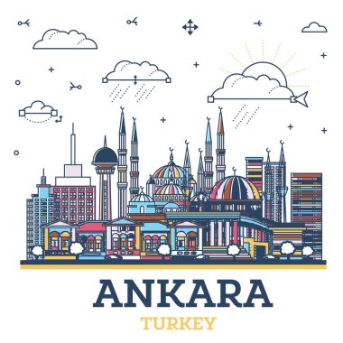 Ankara 'nın ana hatlarına göre, Türkiye' de Beyazlar Üzerine İzole Edilen Tarihi Renkli Binalar Ufuk Çizgisi var. Vektör İllüstrasyonu. Ankara Kent Simgeleriyle.
