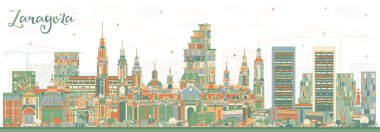 Zaragoza İspanya City Skyline ve Renkli Binalar. Vektör İllüstrasyonu. Şehir simgeleriyle Zaragoza şehri. Tarihi Mimariyle İş Seyahati ve Turizm Konsepti.