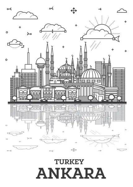 Ankara 'nın ana hatları, Türkiye' nin Beyaz Üzerine İzole Edilen Tarihi Binalar ve Yansımalarla Gökdelen Kenti. Vektör İllüstrasyonu. Ankara Kent Simgeleriyle.