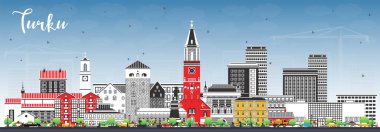 Turku Finland şehrinin gökyüzü mavi ve renkli binalarla kaplı. Vektör çizimi. Turku şehir simgeleriyle dolu. Modern ve tarihi mimariyle iş seyahati ve turizm kavramı.