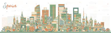 Renkli binaları olan İspanya Şehri Skyline. Vektör İllüstrasyonu. Modern ve Tarihsel Mimarlık. Şehir simgeleriyle İspanya şehri. Madrid mi? Barselona 'da. Valencia. Sevilla. Zaragoza.