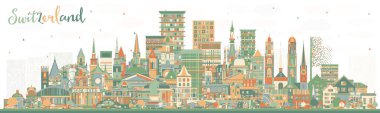 Renkli binaları olan İsviçre City Skyline. Vektör İllüstrasyonu. Modern ve Tarihsel Mimarlık. Şehir simgeleriyle dolu İsviçre şehri. Bern. Basel. Lugano. Zürih 'te. Cenevre.