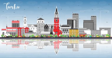Turku Finland şehrinin gökyüzü mavi renkli binalar ve yansımaları ile ufuk çizgisi. Vektör çizimi. Turku şehir simgeleriyle dolu. Modern ve tarihi mimariyle iş ve turizm kavramı.