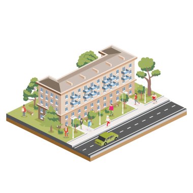 İçinde insanlar, yollar ve ağaçlar olan beş katlı Isometric bir bina. Simge ya da bilgi ögesi. Vektör çizimi. Şehir merkezi. Beyaz arka planda izole edilmiş mimari sembol. 3B nesne.