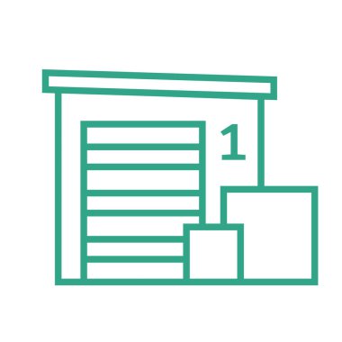 Beyaz arka planda izole edilmiş küçük depo simgesi. İkmal zincirinin bir parçası. Vektör çizimi. Yükleme terminali kapısı. Kutular.