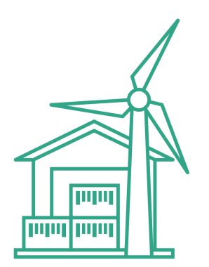 Kutuları ve rüzgar türbini olan küçük bir depo. Taslak simgesi beyaz arkaplanda izole edildi. İkmal zincirinin bir parçası. Vektör illüstrasyonu.