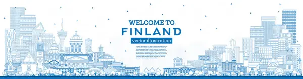 芬兰城市天际线与蓝色建筑的轮廓 矢量图解 具有历史和现代建筑的概念 具有地标的芬兰城市景观 赫尔辛基 埃斯波 Oulu 图尔库 — 图库矢量图片