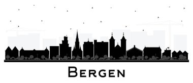 Bergen Norveç Şehri Skyline silueti ve siyah binalar beyaza izole edilmiş. Vektör İllüstrasyonu. Tarihi Simgeli Bergen Şehri. Tarihi Mimariyle İş Seyahati ve Turizm Konsepti.