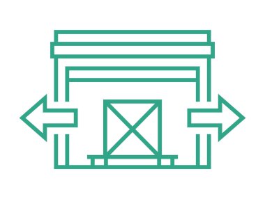 Kutusu ve iki oku olan küçük bir depo. Taslak simgesi beyaz arkaplanda izole edildi. İkmal zincirinin bir parçası. Vektör illüstrasyonu.