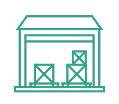 Kutuları olan küçük bir depo. Taslak simgesi beyaz arkaplanda izole edildi. İkmal zincirinin bir parçası. Vektör illüstrasyonu.