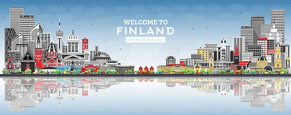 Skyline Cidade Finlandesa Com Edifícios Cinzentos Céu Azul Reflexões Ilustração — Vetor de Stock
