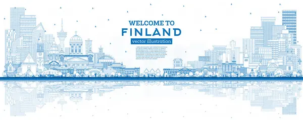 フィンランドの都市のスカイラインの概要 青い建物と反射 ベクトルイラスト 歴史的かつ近代的な建築によるコンセプト ランドマークのあるフィンランドの街並み ヘルシンキか エスー ヴァンター オール — ストックベクタ