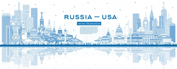 Rusya Abd Nin Ana Hatları Mavi Binalarla Çizilmiş Ünlü Simgeler — Stok Vektör
