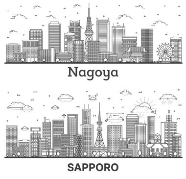 Sapporo ve Nagoya Japan City Skyline ana hatlarıyla Modern Binalar beyaz üzerine izole edilmiştir. Yer İmlerine sahip şehir manzarası.