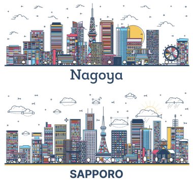 Sapporo ve Nagoya Japon Şehri Skyline ana hatlarıyla beyaza izole edilmiş Renk Binaları. Yer İmlerine sahip şehir manzarası.