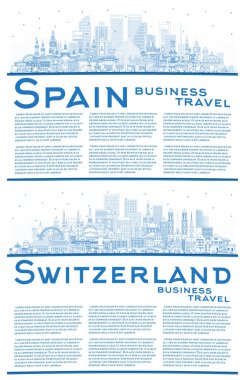 İsviçre ve İspanya 'nın ana hatlarıyla Blue Buildings ve Copy Space. Modern ve Tarihsel Mimarlık. Şehir simgeleriyle İspanya şehri. Madrid.