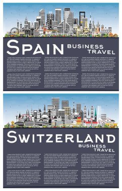 İspanya ve İsviçre 'nin Skyline' ı Gray Buildings, Blue Sky ve Copy Space ile ayarlandı. Modern ve Tarihsel Mimarlık. Şehir simgeleriyle dolu. Madrid.