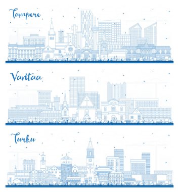 Vantaa, Turku ve Tampere Finlandiya şehir silueti mavi binalarla çevrili. Şehir simgeleriyle dolu. Modern ve tarihi mimariyle iş seyahati ve turizm kavramı