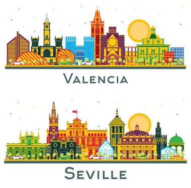 Seville ve Valencia İspanya City Skyline seti. Renkli binalar beyaz üzerine izole edilmiş. Tarihi Mimariyle İş Seyahati ve Turizm Konsepti. Yer İmlerine sahip şehir manzarası.