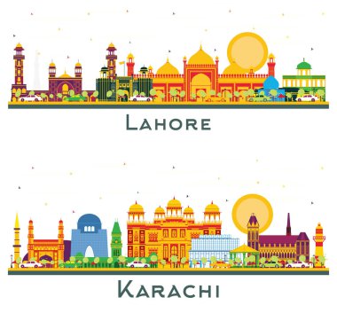 Karachi ve Lahore Pakistan City Skyline seti. Beyaz üzerinde Renkli Simgeler var. İllüzyon. Tarihi Binalarla İş Seyahatleri ve Turizm Konsepti. Yer İmlerine sahip şehir manzarası.