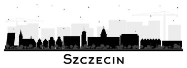 Szczecin Polonya 'nın silueti ve beyaz üzerine izole edilmiş siyah binalar. Vektör çizimi. Szczecin şehir simgeleriyle dolu. İş ve turizm kavramı ve tarihi mimari.