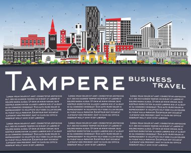 Tampere Finland şehrinin gökyüzü mavi renkli binaları ve kopyalama alanı olan silueti. Vektör çizimi. Şehir simgeleriyle dolu Tampere şehri. Modern ve tarihi mimariyle seyahat ve turizm kavramı.