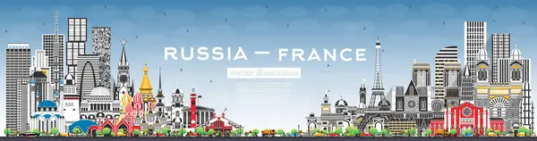 Rússia França Skyline Com Edifícios Cinzentos Céu Azul Marcos Famosos — Vetor de Stock