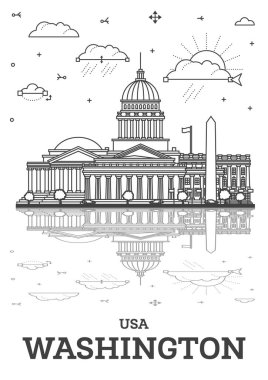 Washington DC 'nin ana hatlarıyla ABD Şehri Skyline üzerinde Modern Binalar ve Yansımalar İzole Edildi. Vektör İllüstrasyonu. Tarihi Simgelerle Washington DC Şehri.
