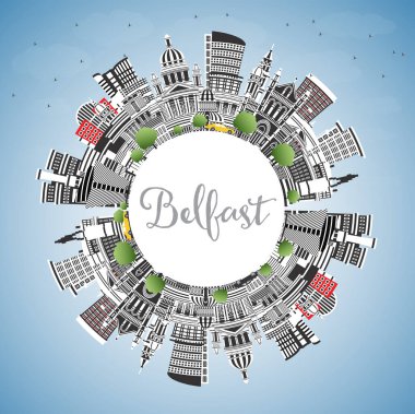 Belfast Kuzey İrlanda 'da Renkli Binalar, Mavi Gökyüzü ve Kopya Uzayı ile Skyline. Vektör İllüstrasyonu. Belfast Şehri 'nin simgeleriyle. Tarihi Mimariyle Seyahat ve Turizm Konsepti.