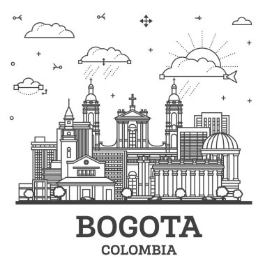 Bogota Colombia City 'nin ana hatlarıyla beyaza izole edilmiş tarihi binalar. Vektör İllüstrasyonu. Tarihi Simgeli Bogota Şehir Manzarası.