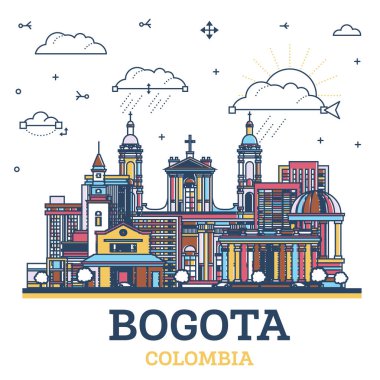 Bogota Kolombiya Şehri 'nin ana hatlarıyla beyaza izole edilmiş renkli tarihi binalar. Vektör İllüstrasyonu. Tarihi Simgeli Bogota Şehir Manzarası.