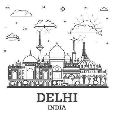 Delhi India City Skyline 'ın ana hatları. Tarihi Binalar beyazlar üzerinde izole edilmiş. Vektör İllüstrasyonu. Tarihi Simgelerle Delhi Şehir Manzarası.